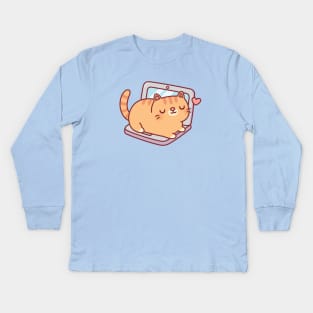 Cute Chubby Tabby Cat Resting On Laptop Kids Long Sleeve T-Shirt